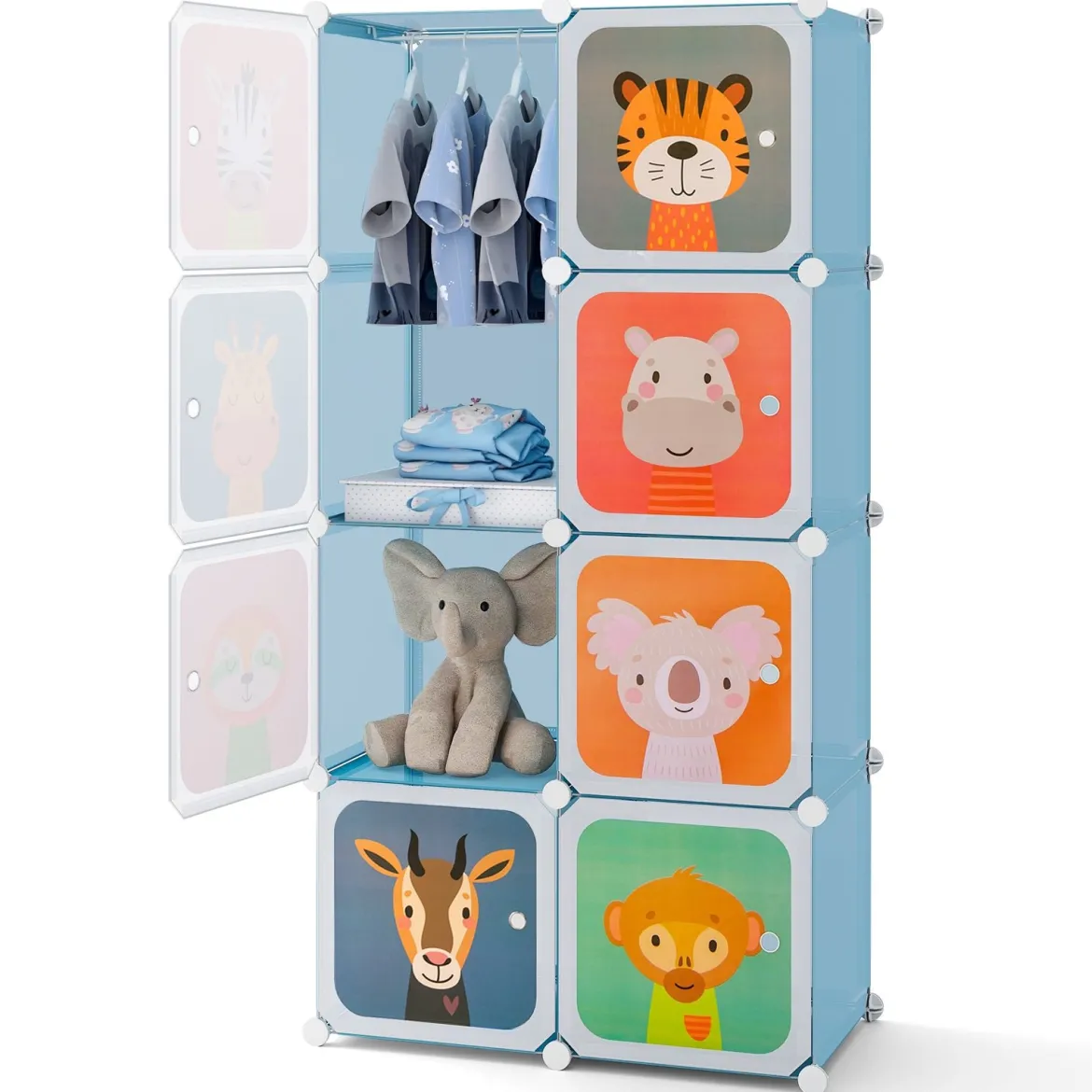 Kleiderschrank für Kinder Babyschrank mit 8 Würfeln & Hängebereich niedliche Cartoon-Kommode Blau