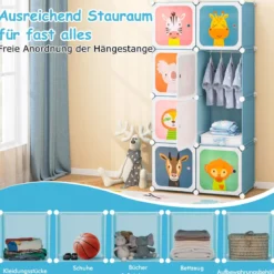 Kleiderschrank für Kinder Babyschrank mit 8 Würfeln & Hängebereich niedliche Cartoon-Kommode Blau