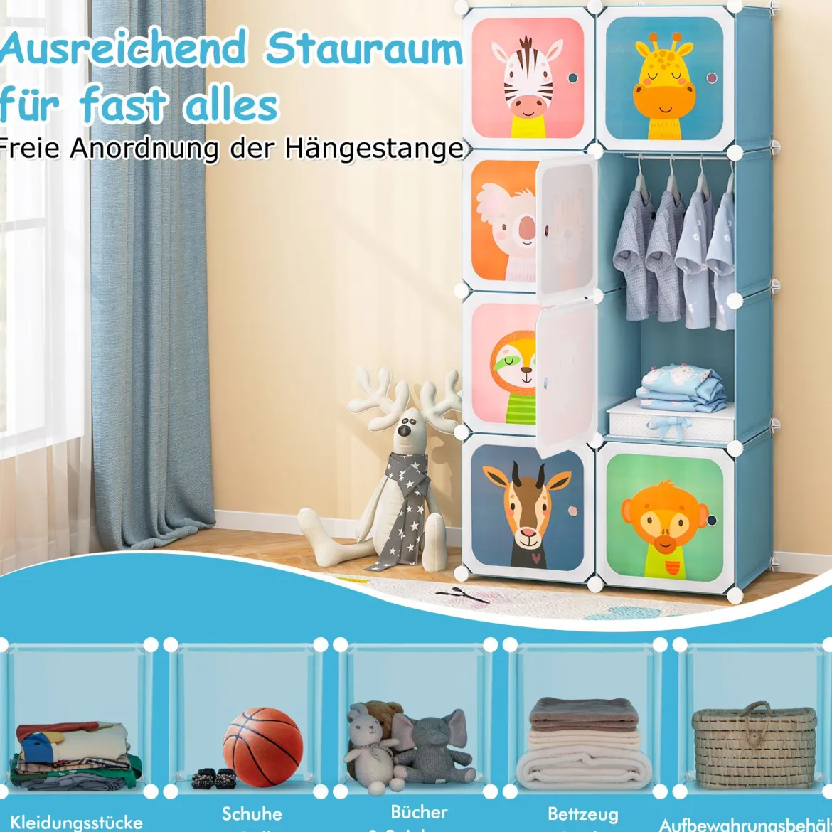 Kleiderschrank für Kinder Babyschrank mit 8 Würfeln & Hängebereich niedliche Cartoon-Kommode Blau