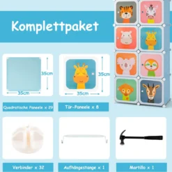 Kleiderschrank für Kinder Babyschrank mit 8 Würfeln & Hängebereich niedliche Cartoon-Kommode Blau