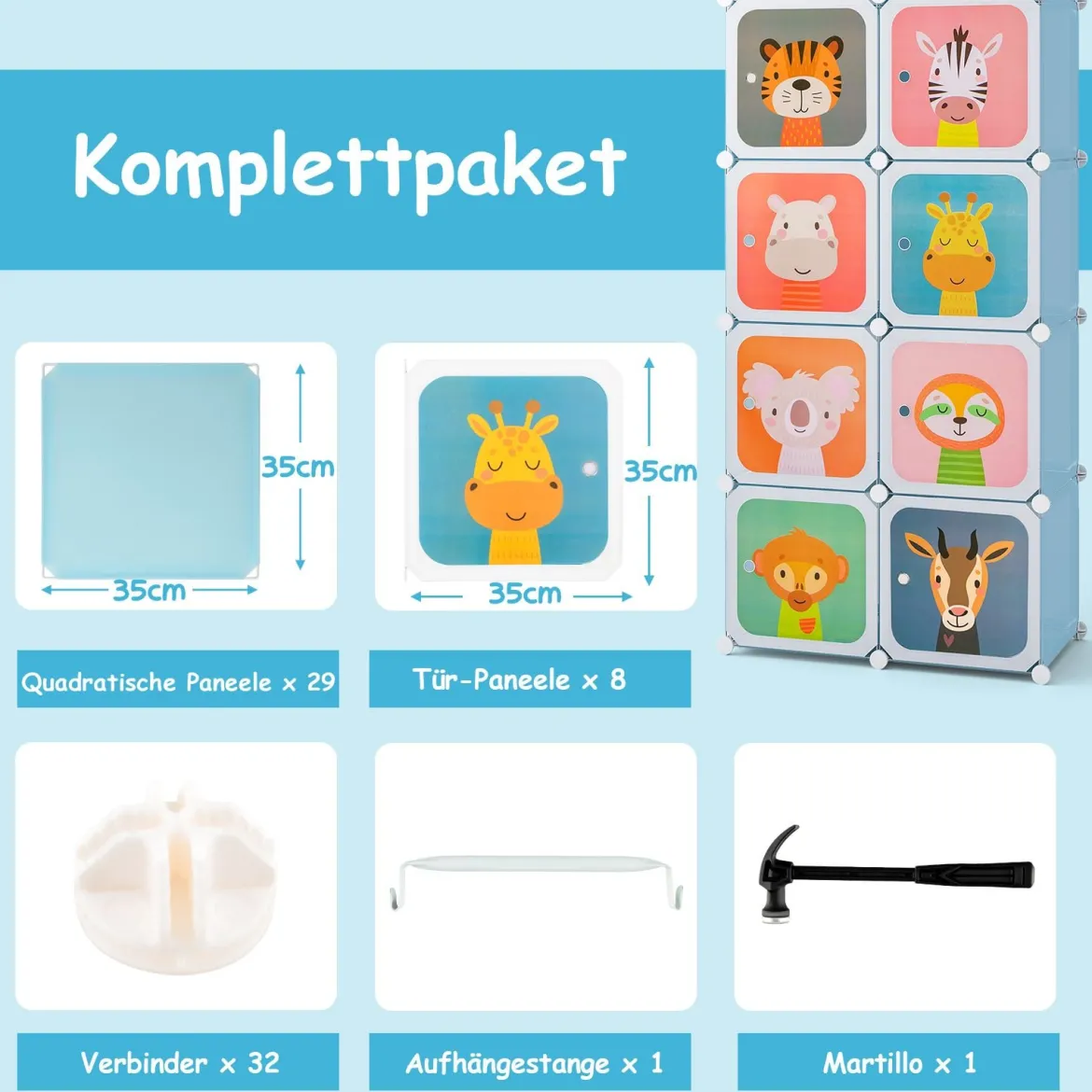 Kleiderschrank für Kinder Babyschrank mit 8 Würfeln & Hängebereich niedliche Cartoon-Kommode Blau