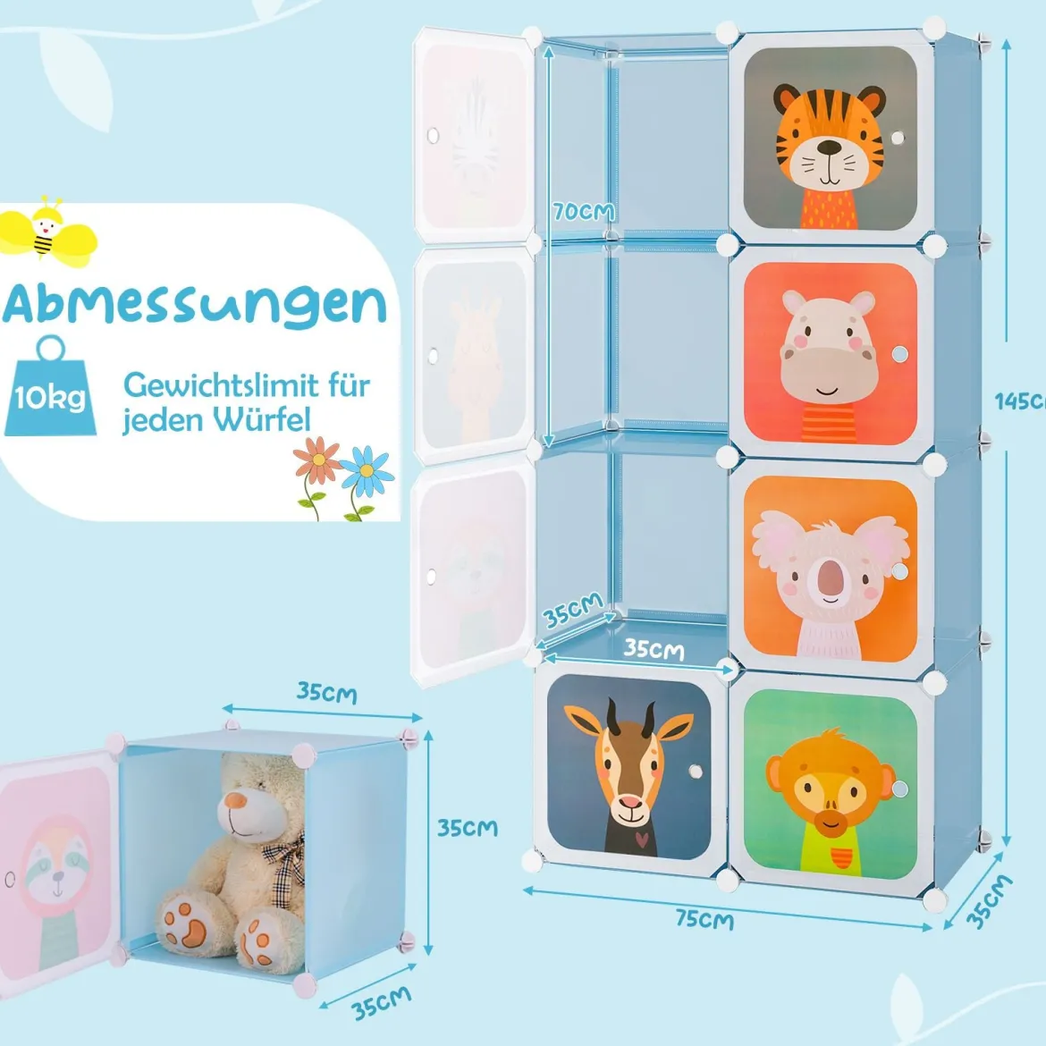 Kleiderschrank für Kinder Babyschrank mit 8 Würfeln & Hängebereich niedliche Cartoon-Kommode Blau
