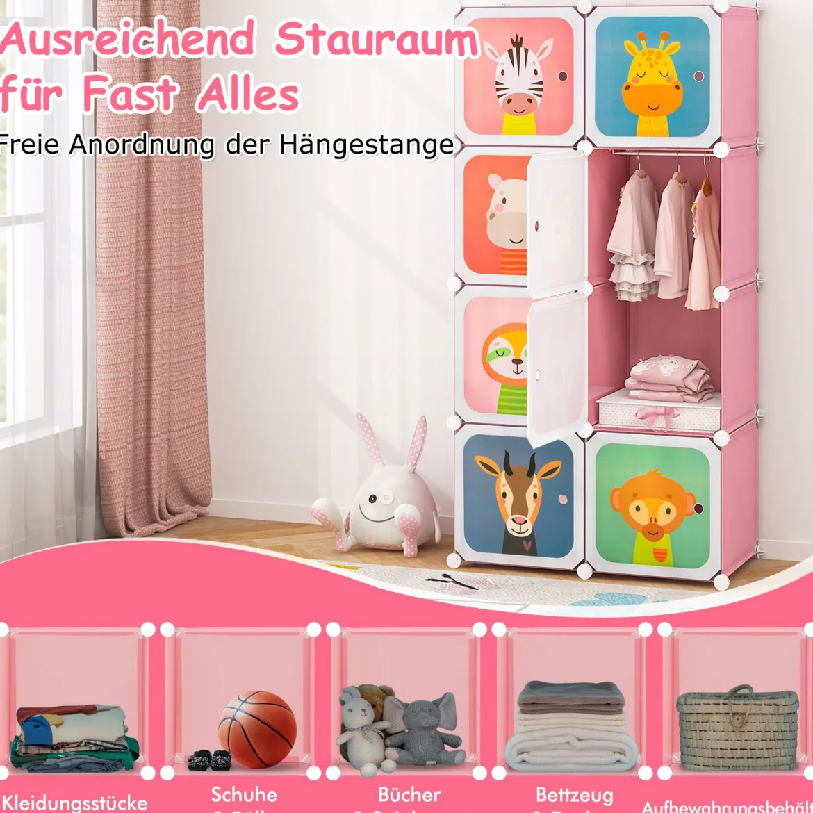 Kleiderschrank für Kinder Babyschrank mit 8 Würfeln & Hängebereich niedliche Cartoon-Kommode Rosa