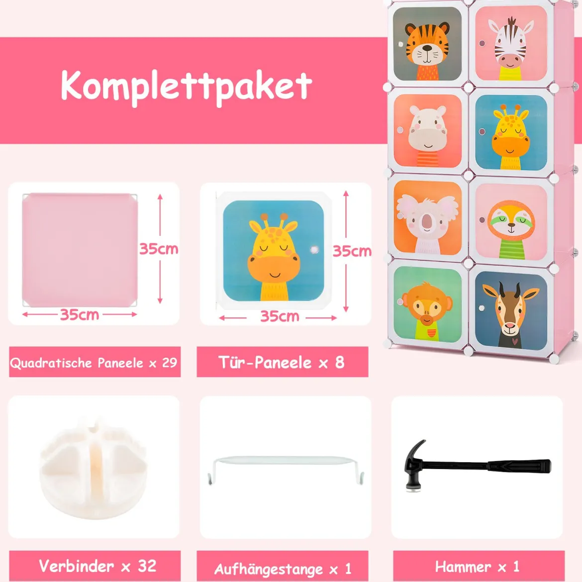 Kleiderschrank für Kinder Babyschrank mit 8 Würfeln & Hängebereich niedliche Cartoon-Kommode Rosa