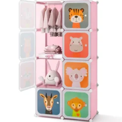 Kleiderschrank für Kinder Babyschrank mit 8 Würfeln & Hängebereich niedliche Cartoon-Kommode Rosa