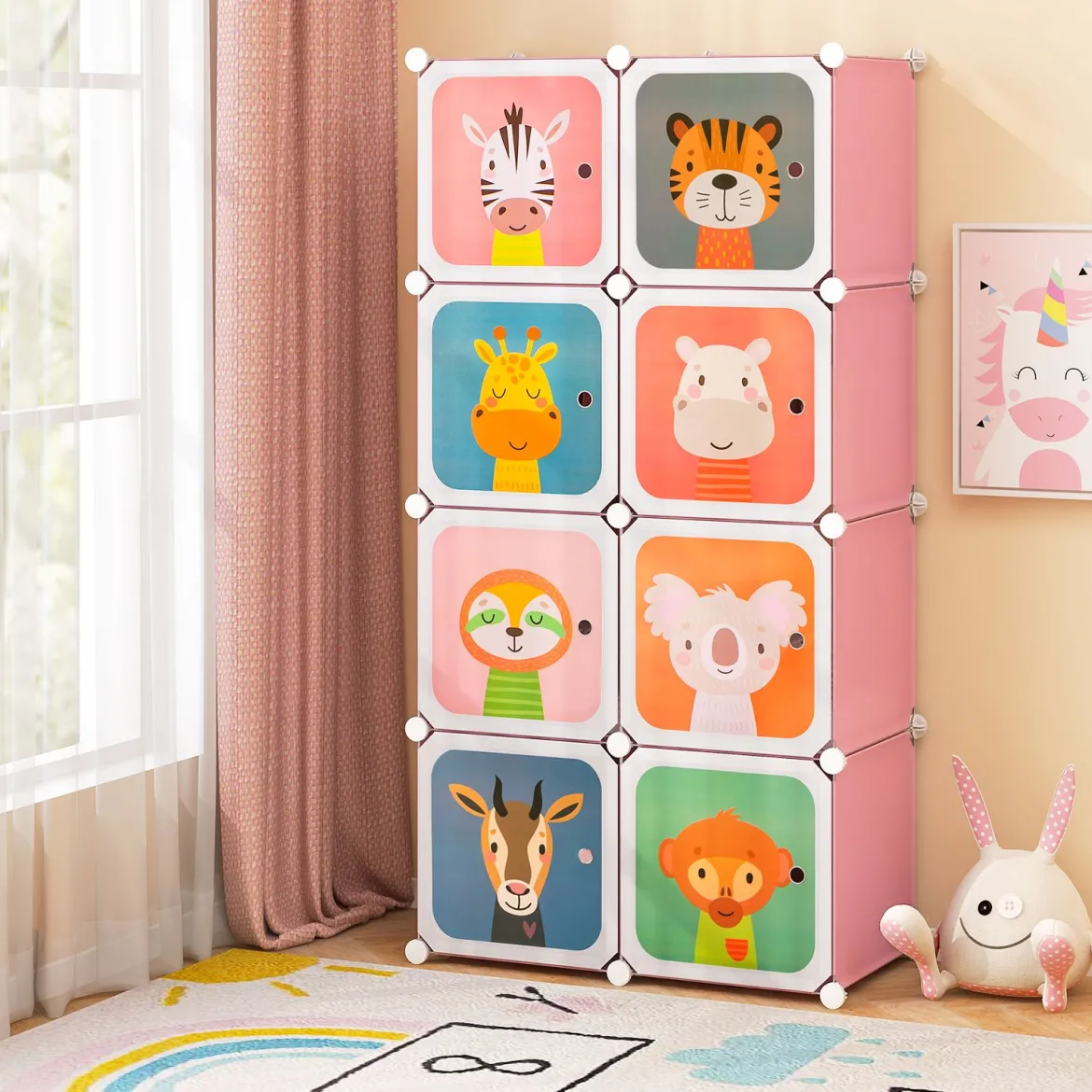 Kleiderschrank für Kinder Babyschrank mit 8 Würfeln & Hängebereich niedliche Cartoon-Kommode Rosa