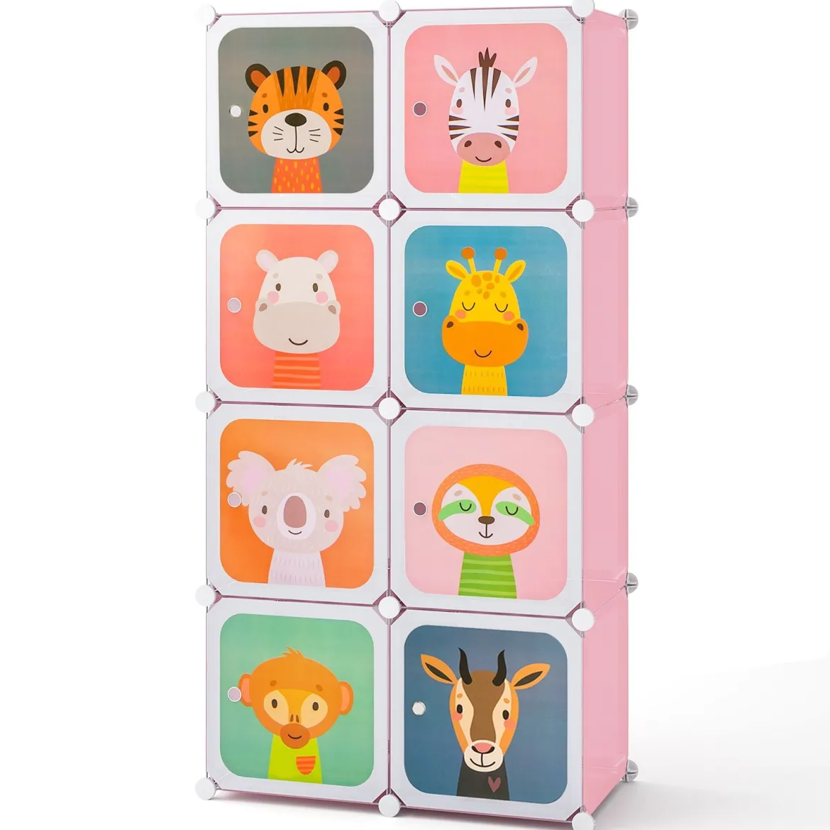 Kleiderschrank für Kinder Babyschrank mit 8 Würfeln & Hängebereich niedliche Cartoon-Kommode Rosa