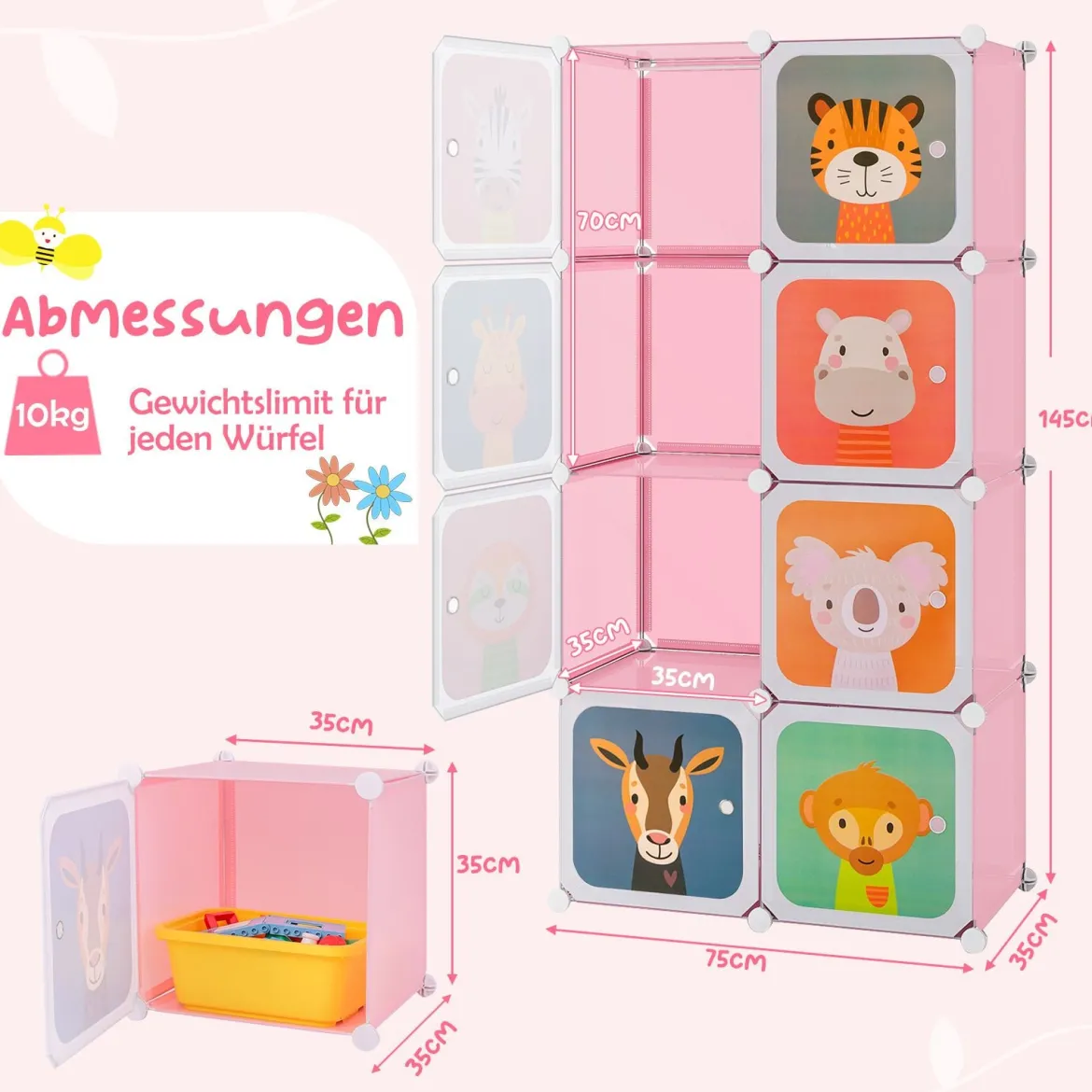 Kleiderschrank für Kinder Babyschrank mit 8 Würfeln & Hängebereich niedliche Cartoon-Kommode Rosa