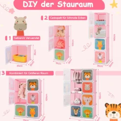 Kleiderschrank für Kinder Babyschrank mit 8 Würfeln & Hängebereich niedliche Cartoon-Kommode Rosa