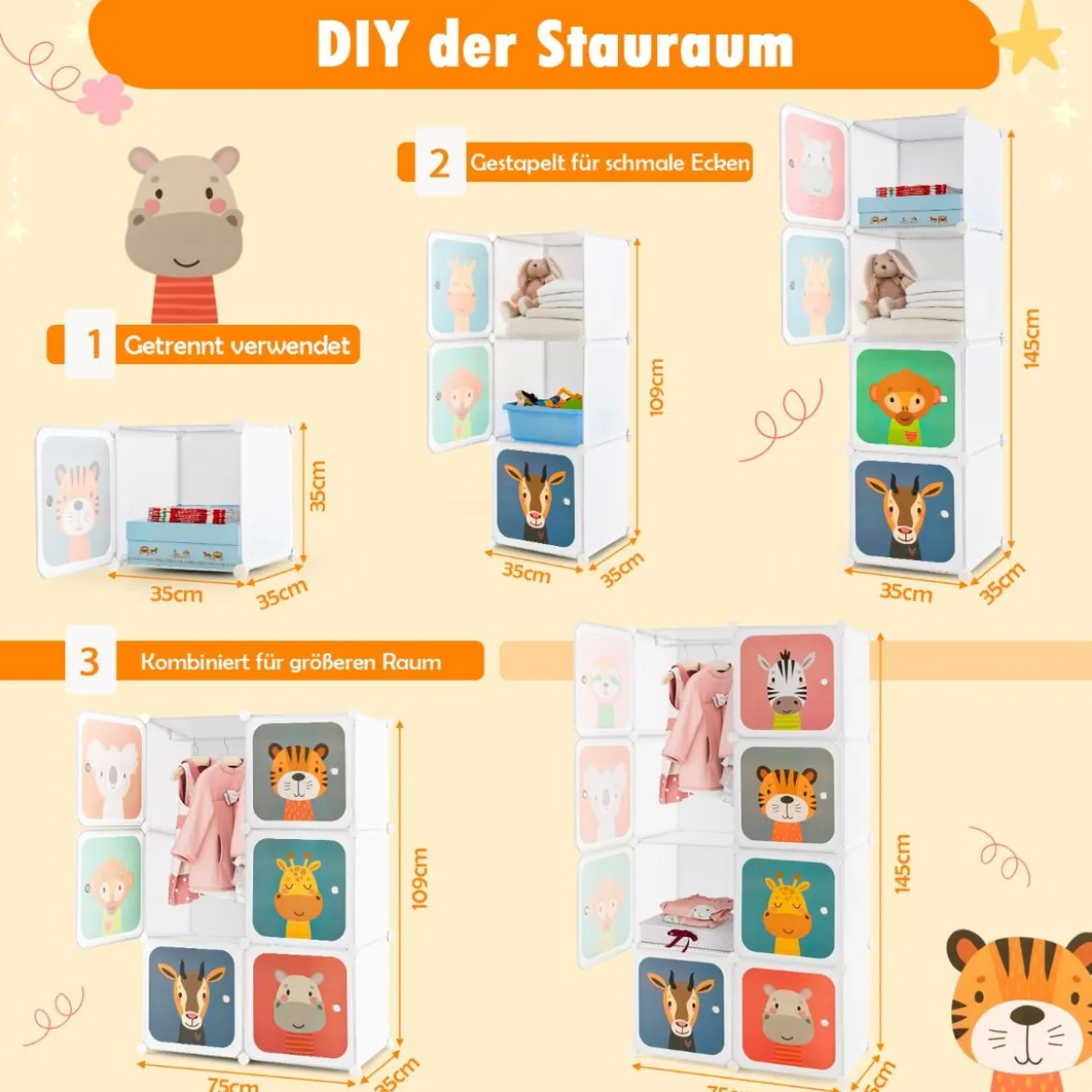 Kleiderschrank für Kinder mit 8 Würfeln & Hängebereich einfache Montage Weiß