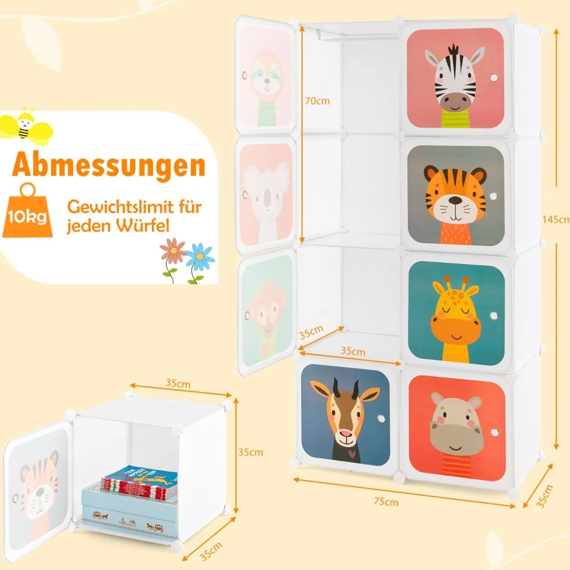Kleiderschrank für Kinder mit 8 Würfeln & Hängebereich einfache Montage Weiß