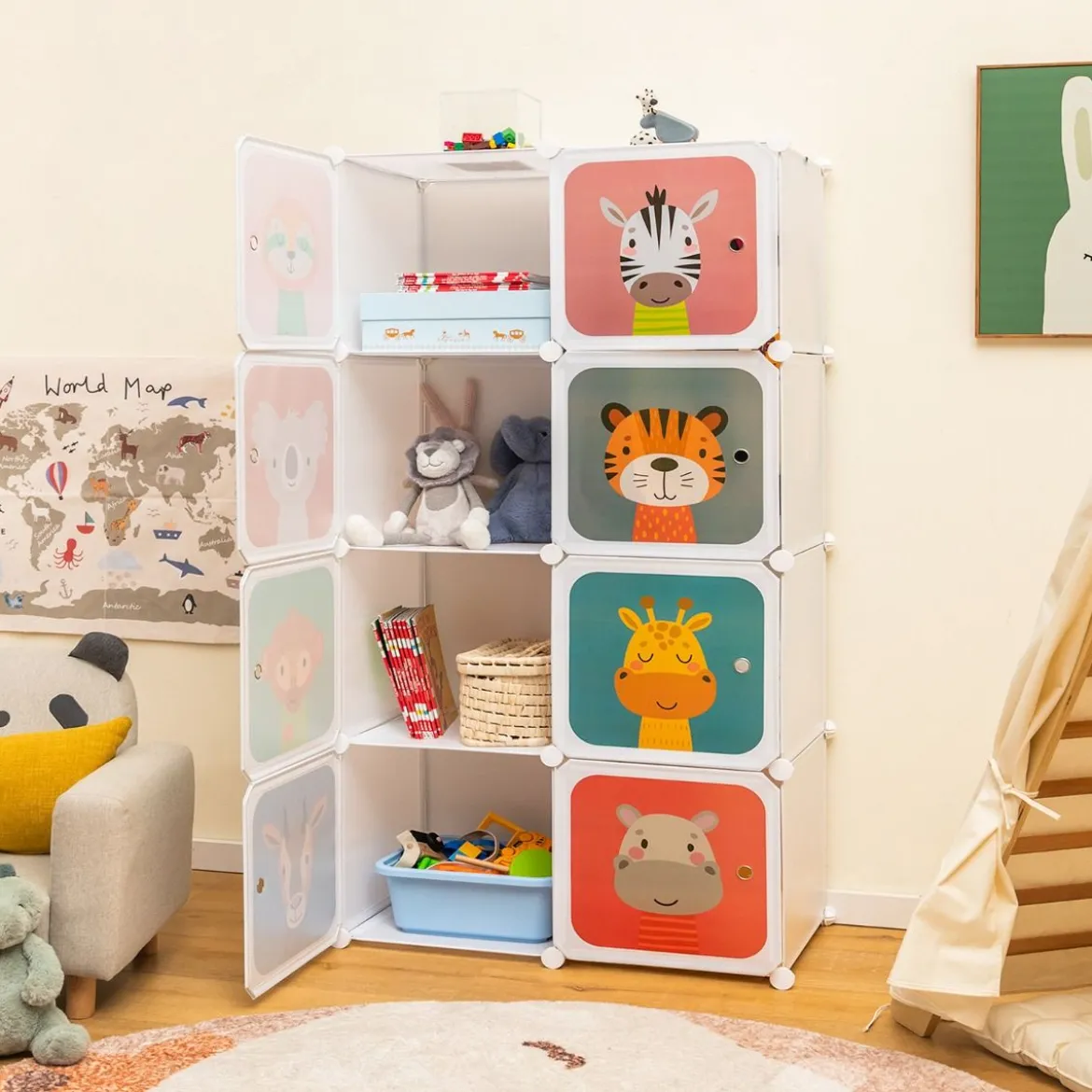 Kleiderschrank für Kinder mit 8 Würfeln & Hängebereich einfache Montage Weiß
