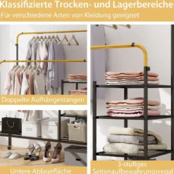 Kleiderständer mit 2 Kleiderstangen Wäscheständer auf Rollen Garderobenständer höhenverstellbar 135 x 54 x 170cm Gold