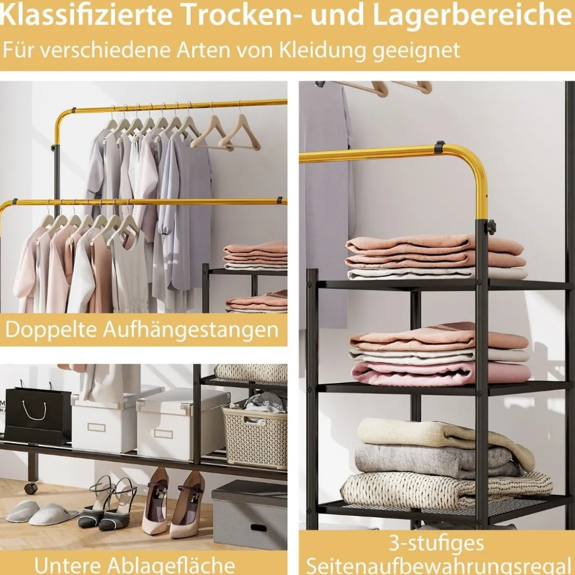 Kleiderständer mit 2 Kleiderstangen Wäscheständer auf Rollen Garderobenständer höhenverstellbar 135 x 54 x 170cm Gold