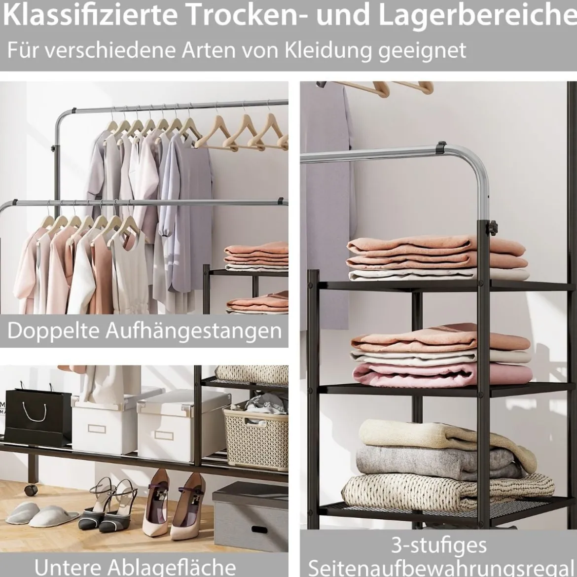 Kleiderständer mit 2 Kleiderstangen Wäscheständer auf Rollen Garderobenständer höhenverstellbar 135 x 54 x 170cm Silber