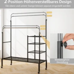 Kleiderständer mit 2 Kleiderstangen Wäscheständer auf Rollen Garderobenständer höhenverstellbar 135 x 54 x 170cm Silber