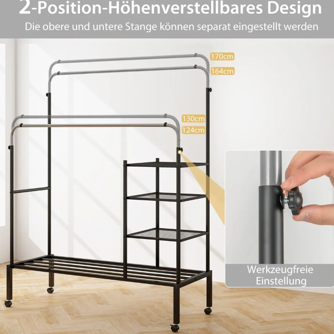 Kleiderständer mit 2 Kleiderstangen Wäscheständer auf Rollen Garderobenständer höhenverstellbar 135 x 54 x 170cm Silber