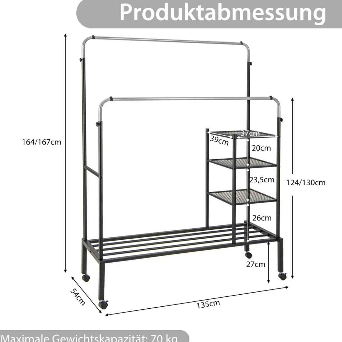 Kleiderständer mit 2 Kleiderstangen Wäscheständer auf Rollen Garderobenständer höhenverstellbar 135 x 54 x 170cm Silber