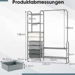 Kleiderständer mit 6 Schubladen 3 Offenen Regalen 2-Stufigem Schuhregal aus Metall 120 x 33 x 148 cm Grau