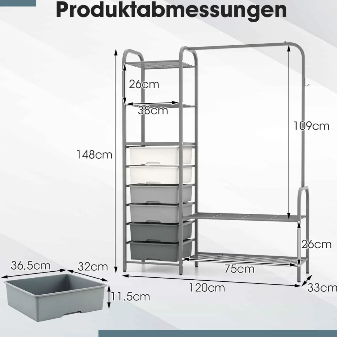 Kleiderständer mit 6 Schubladen 3 Offenen Regalen 2-Stufigem Schuhregal aus Metall 120 x 33 x 148 cm Grau