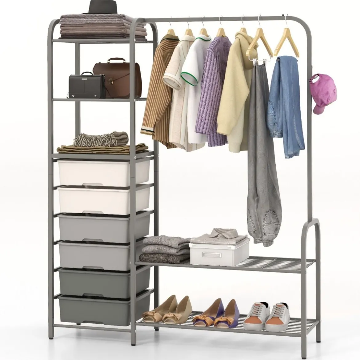 Kleiderständer mit 6 Schubladen 3 Offenen Regalen 2-Stufigem Schuhregal aus Metall 120 x 33 x 148 cm Grau