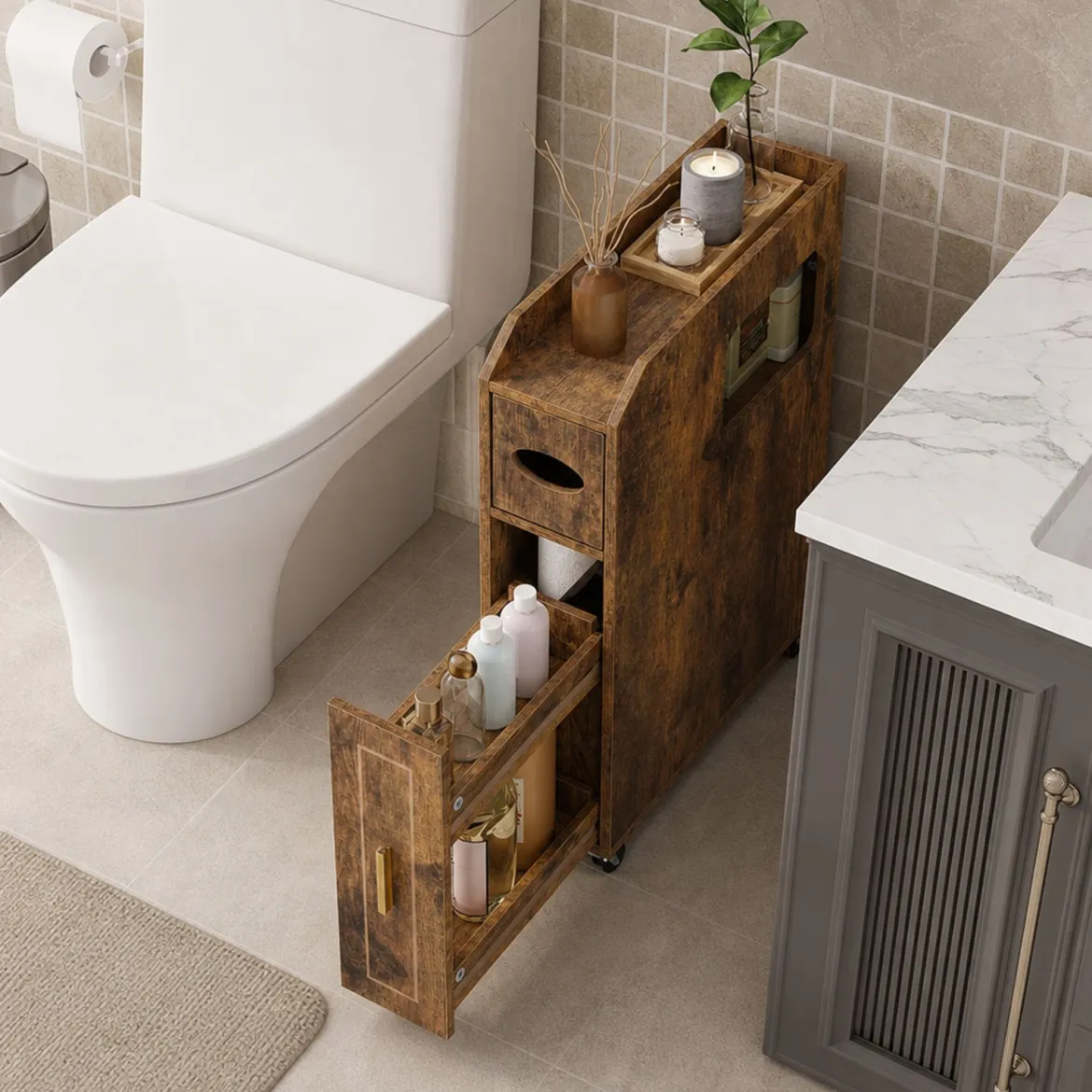 Kleiner Badezimmerschrank 16 cm schmaler Organizer mit ausziehbarer Schublade Taschentuchbox Braun