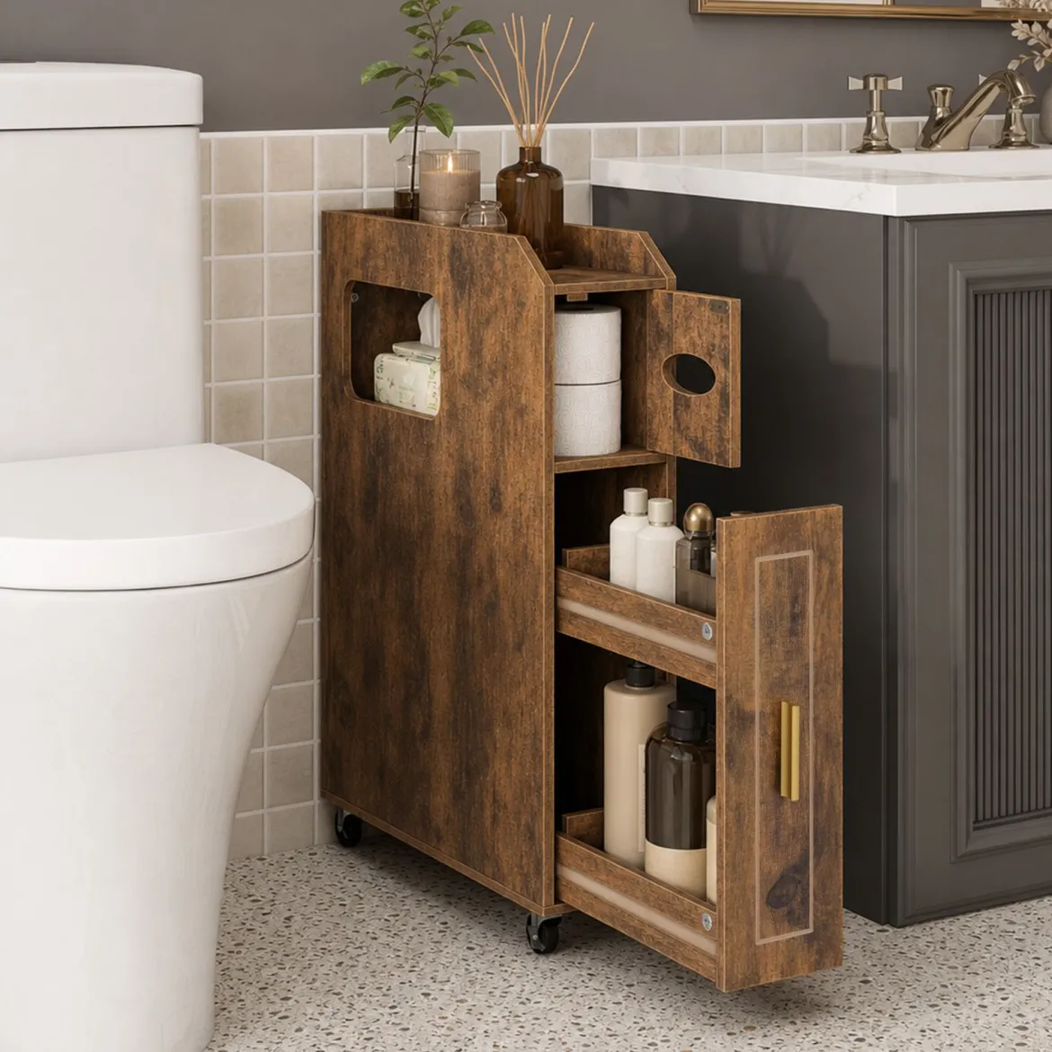 Kleiner Badezimmerschrank 16 cm schmaler Organizer mit ausziehbarer Schublade Taschentuchbox Braun