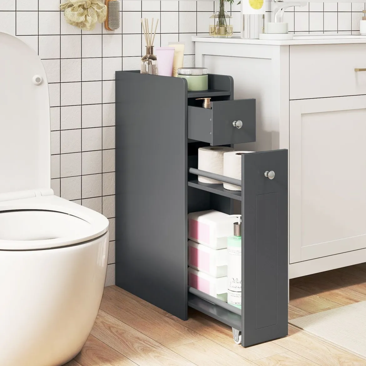 Kleiner Badezimmerschrank 4-stufiger schmaler Aufbewahrungsschrank mit ausziehbaren Schubladen Grau