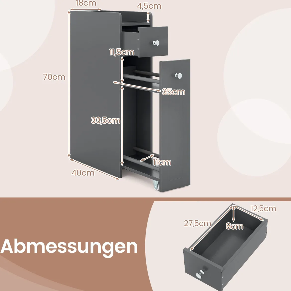 Kleiner Badezimmerschrank 4-stufiger schmaler Aufbewahrungsschrank mit ausziehbaren Schubladen Grau