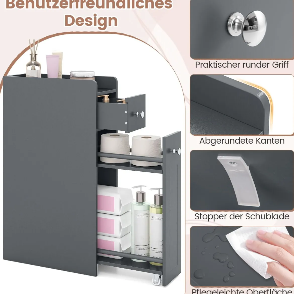 Kleiner Badezimmerschrank 4-stufiger schmaler Aufbewahrungsschrank mit ausziehbaren Schubladen Grau