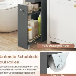Kleiner Badezimmerschrank 4-stufiger schmaler Aufbewahrungsschrank mit ausziehbaren Schubladen Grau