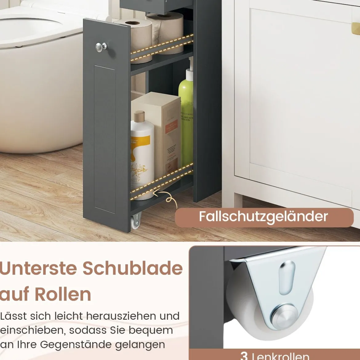 Kleiner Badezimmerschrank 4-stufiger schmaler Aufbewahrungsschrank mit ausziehbaren Schubladen Grau