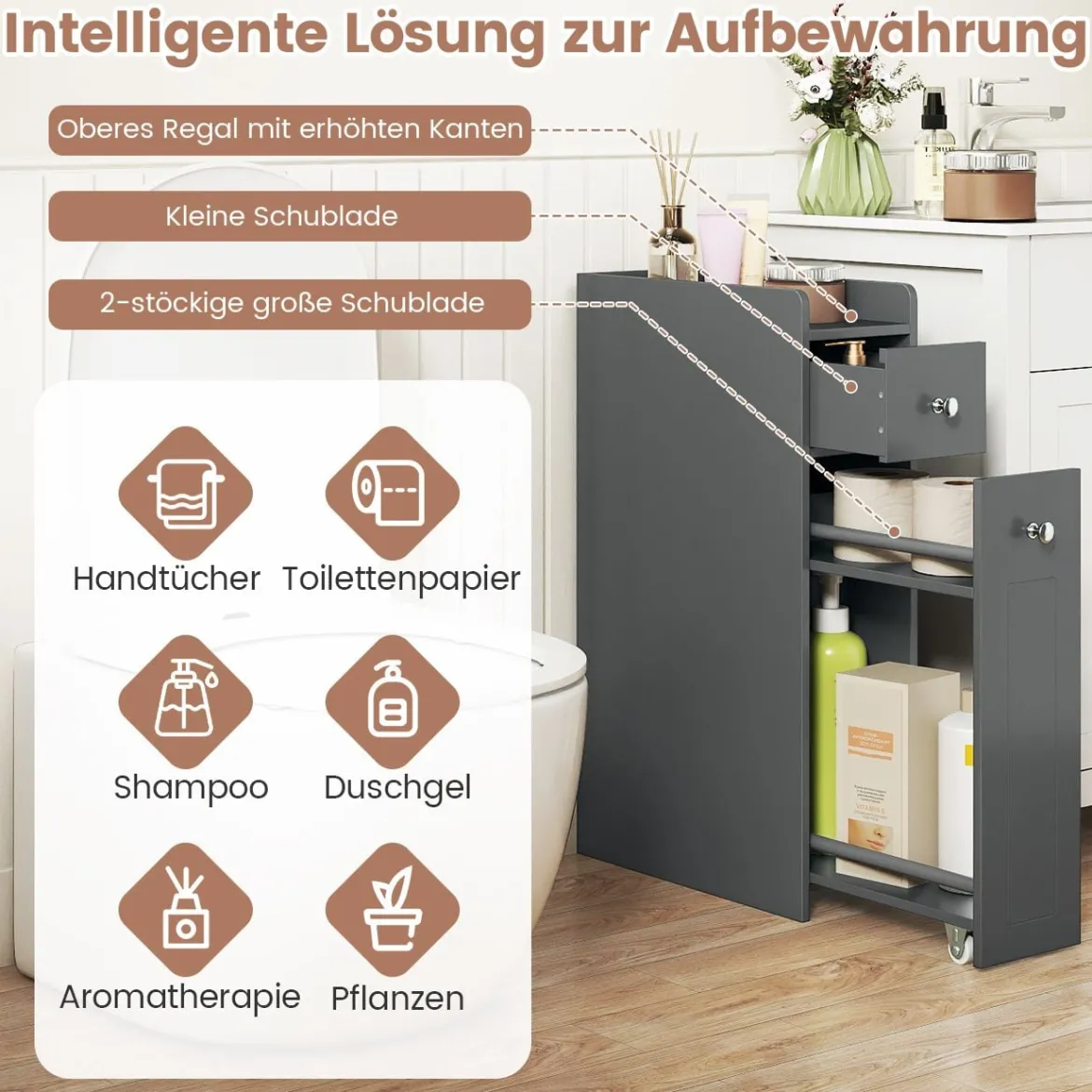 Kleiner Badezimmerschrank 4-stufiger schmaler Aufbewahrungsschrank mit ausziehbaren Schubladen Grau