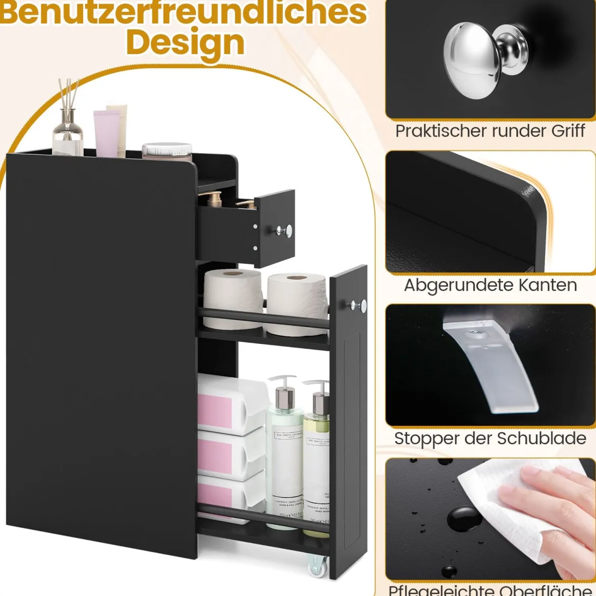 Kleiner Badezimmerschrank 4-stufiger schmaler Aufbewahrungsschrank mit ausziehbaren Schubladen Schwarz
