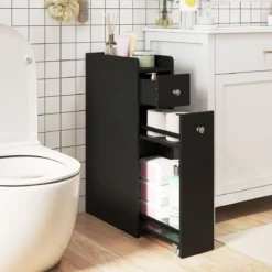 Kleiner Badezimmerschrank 4-stufiger schmaler Aufbewahrungsschrank mit ausziehbaren Schubladen Schwarz