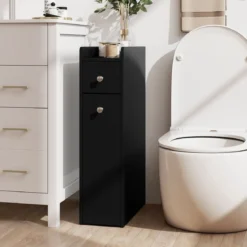 Kleiner Badezimmerschrank 4-stufiger schmaler Aufbewahrungsschrank mit ausziehbaren Schubladen Schwarz