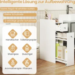 Kleiner Badezimmerschrank 4-stufiger schmaler Aufbewahrungsschrank mit ausziehbaren Schubladen Weiß
