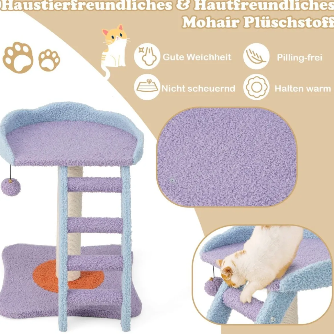 Kleiner Katzenbaum mit Leiter & weicher Sitzfläche & Ball & Basis39,5 x 39,5 x 48,5 cm Lila + Blau