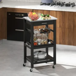 Kleiner Küchenwagen Servierwagen auf Rollen Küchenregal mit Arbeitsplatte aus Edelstahl 47 x 39 x 85 cm Schwarz