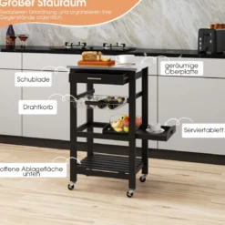 Kleiner Küchenwagen Servierwagen auf Rollen Küchenregal mit Arbeitsplatte aus Edelstahl 47 x 39 x 85 cm Schwarz