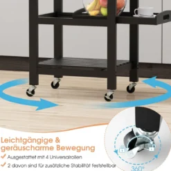 Kleiner Küchenwagen Servierwagen auf Rollen Küchenregal mit Arbeitsplatte aus Edelstahl 47 x 39 x 85 cm Schwarz