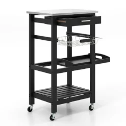 Kleiner Küchenwagen Servierwagen auf Rollen Küchenregal mit Arbeitsplatte aus Edelstahl 47 x 39 x 85 cm Schwarz