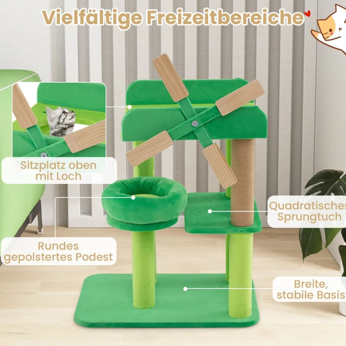 Kleiner Kratzbaum mit Liegefläche & Plattformen & Kratzsäule Katzenbaum in Windmühle Form