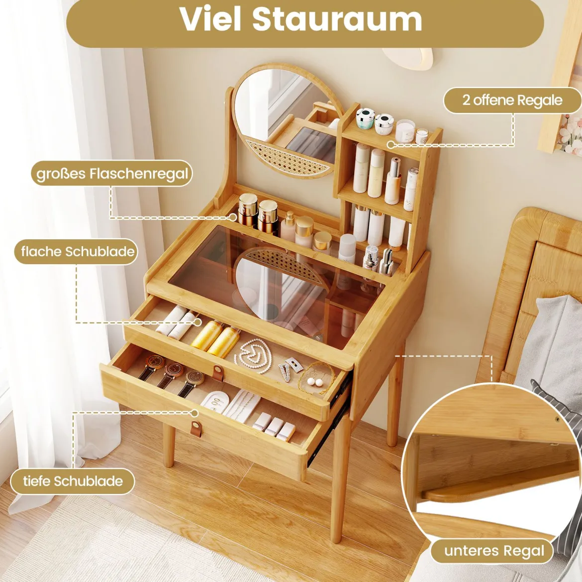 Kleiner Schminktisch mit Spiegel 60 cm kompakter Frisiertisch mit 2 Schubladen offenen Regalen Natur