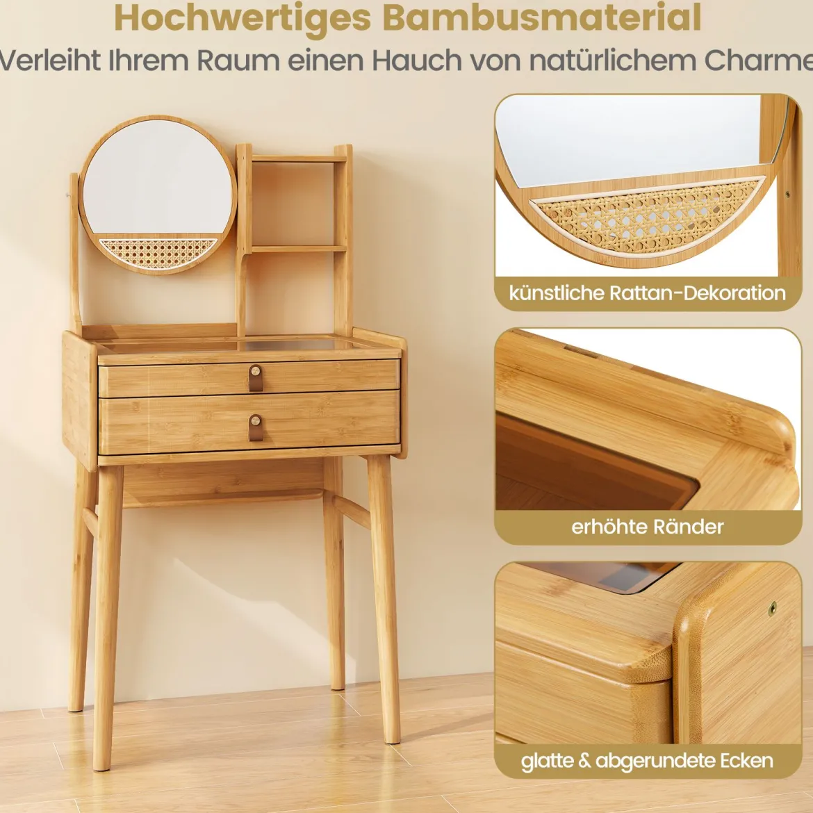 Kleiner Schminktisch mit Spiegel 60 cm kompakter Frisiertisch mit 2 Schubladen offenen Regalen Natur