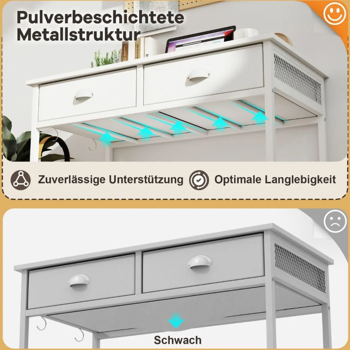 Kleiner Schreibtisch Computertisch mit 2 Stoffschublade 4 Haken & Metallrahmen Bürotisch aus Holz modern Weiß