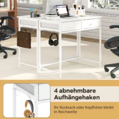 Kleiner Schreibtisch Computertisch mit 2 Stoffschublade 4 Haken & Metallrahmen Bürotisch aus Holz modern Weiß