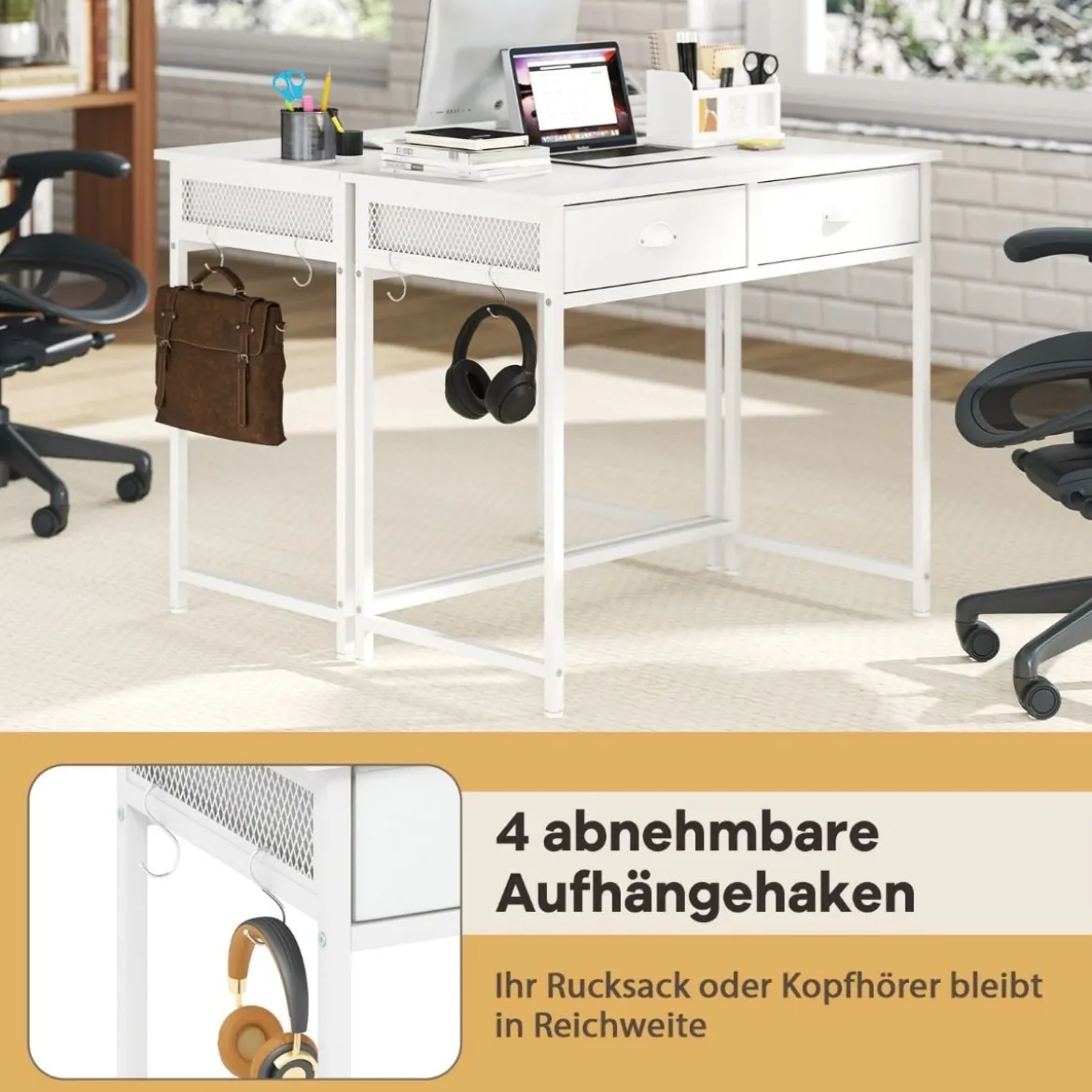 Kleiner Schreibtisch Computertisch mit 2 Stoffschublade 4 Haken & Metallrahmen Bürotisch aus Holz modern Weiß