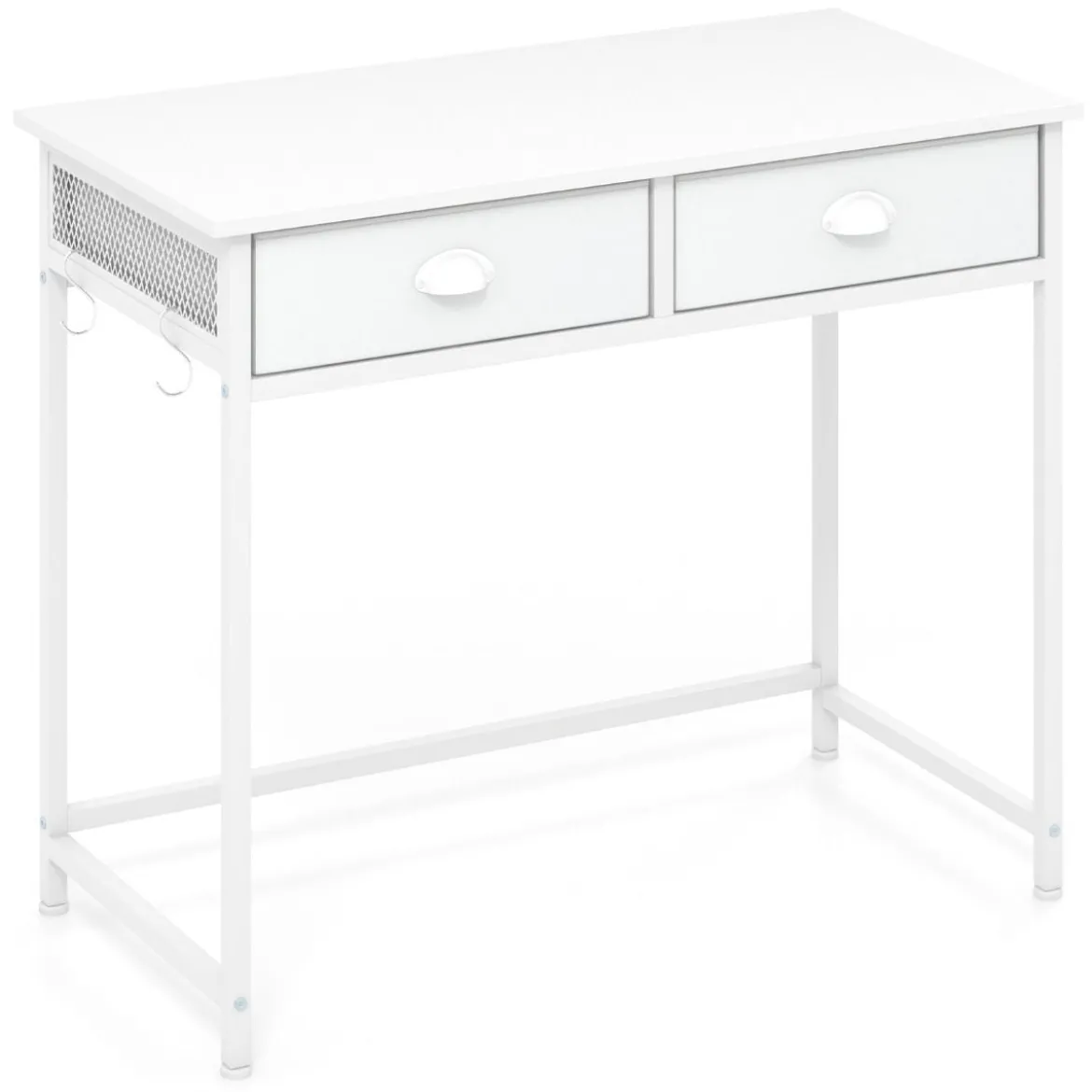 Kleiner Schreibtisch Computertisch mit 2 Stoffschublade 4 Haken & Metallrahmen Bürotisch aus Holz modern Weiß