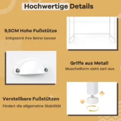 Kleiner Schreibtisch Computertisch mit 2 Stoffschublade 4 Haken & Metallrahmen Bürotisch aus Holz modern Weiß